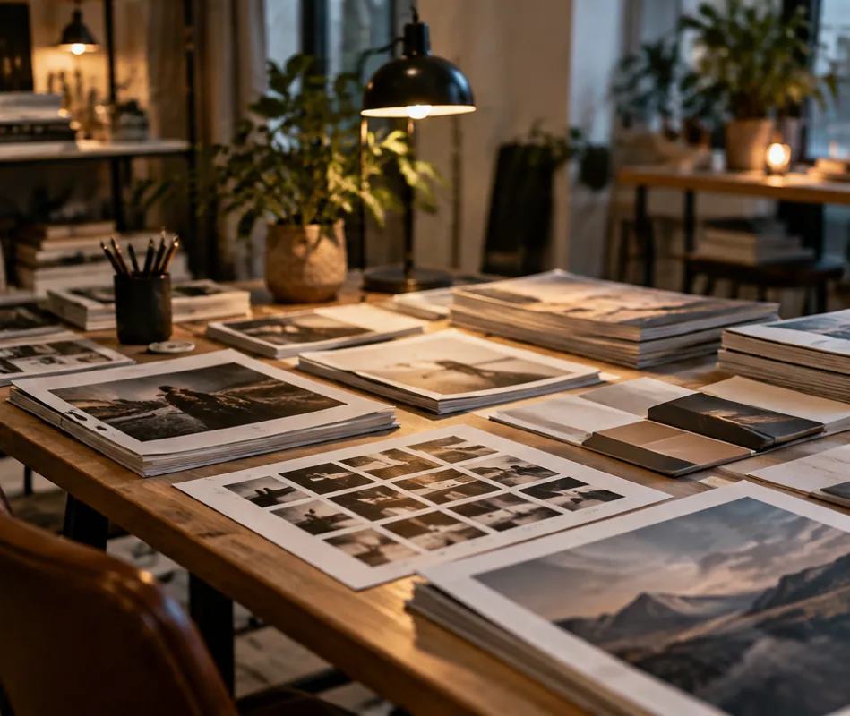 An editorial worktable with paper, photography and books