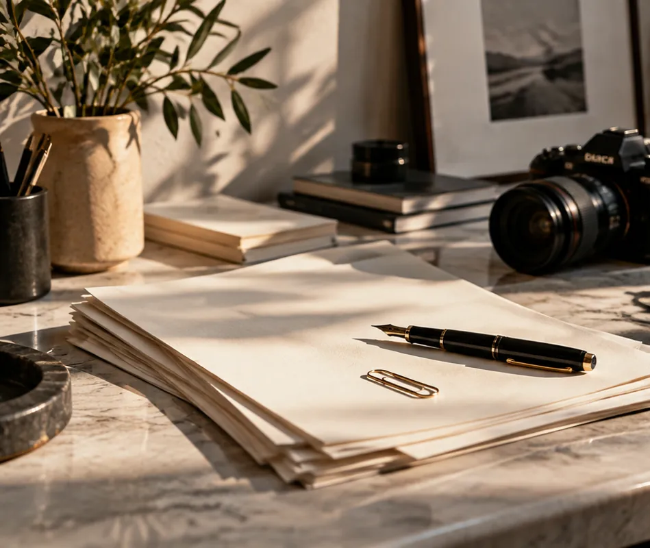 An editorial worktable with paper, photography and books